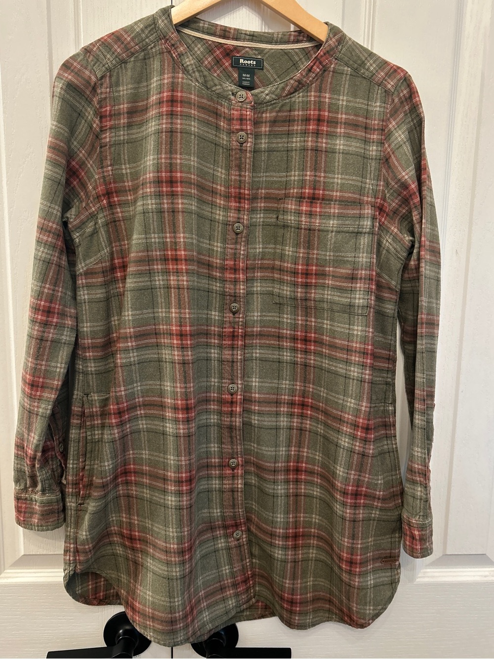 Roots Smoke Lake Cabin Plaid Flannel Tunic Olive Rust Pink M EUC